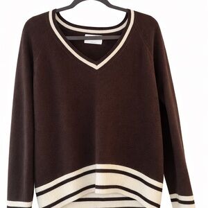 Brown V-Neck Striped Trim Women’s Sweater